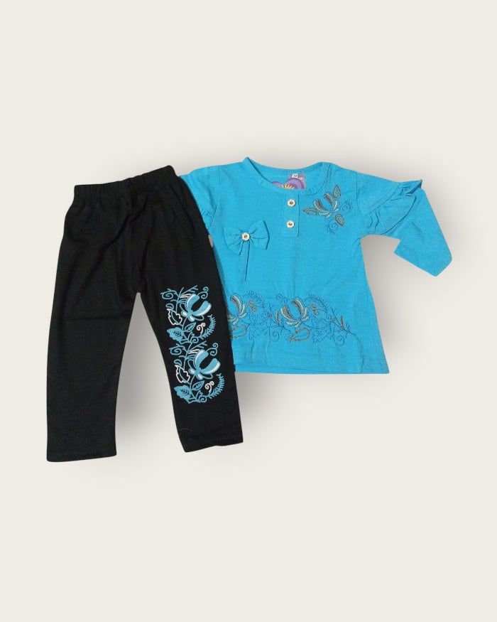 Girls Malai Trouser & T-Shirt Set (1–7 Years) | Soft, Half Sleeves | Sky Blue, Leaf Green, Pink