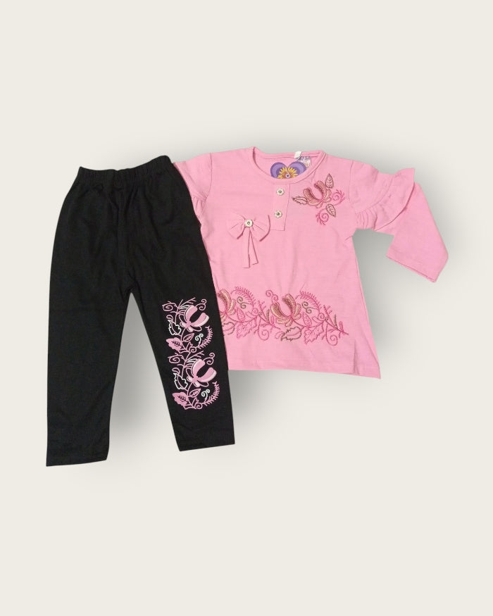Girls Malai Trouser & T-Shirt Set (1–7 Years) | Soft, Half Sleeves | Sky Blue, Leaf Green, Pink