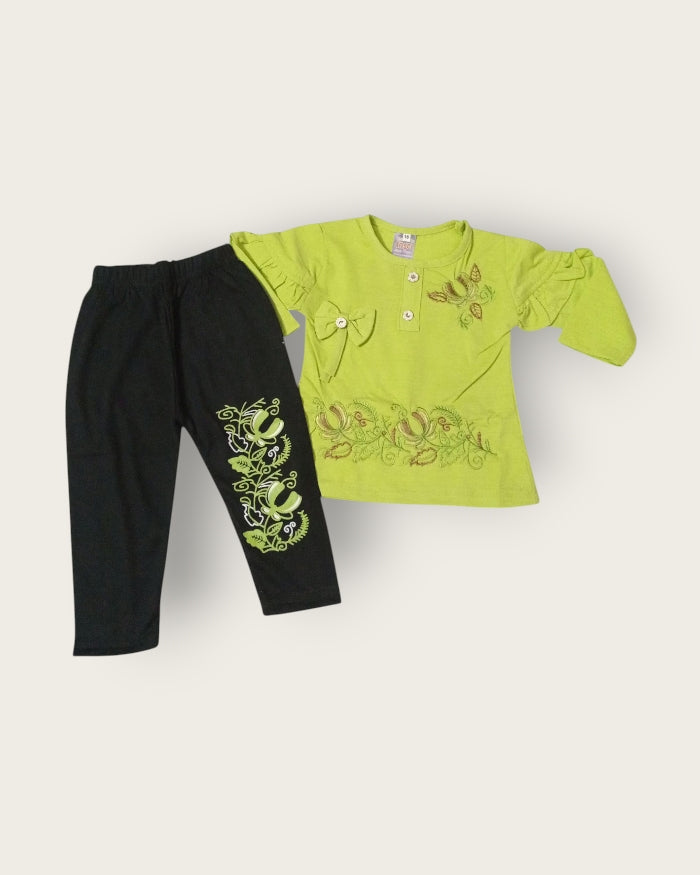 Girls Malai Trouser & T-Shirt Set (1–7 Years) | Soft, Half Sleeves | Sky Blue, Leaf Green, Pink
